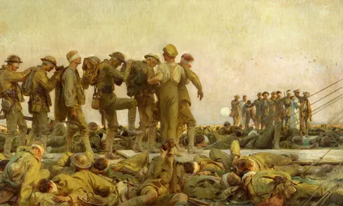 Gassed (1919) by John Singer Sargent had been covered with a thick layer of varnish that had dulled and altered its colours
Courtesy of the Imperial War Museum/Factum Foundation