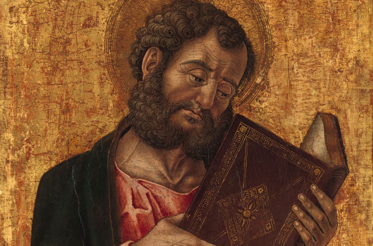 Bookworm? A detail of A Saint (Mark?) Reading (around 1470) by Bartolomeo Vivarini