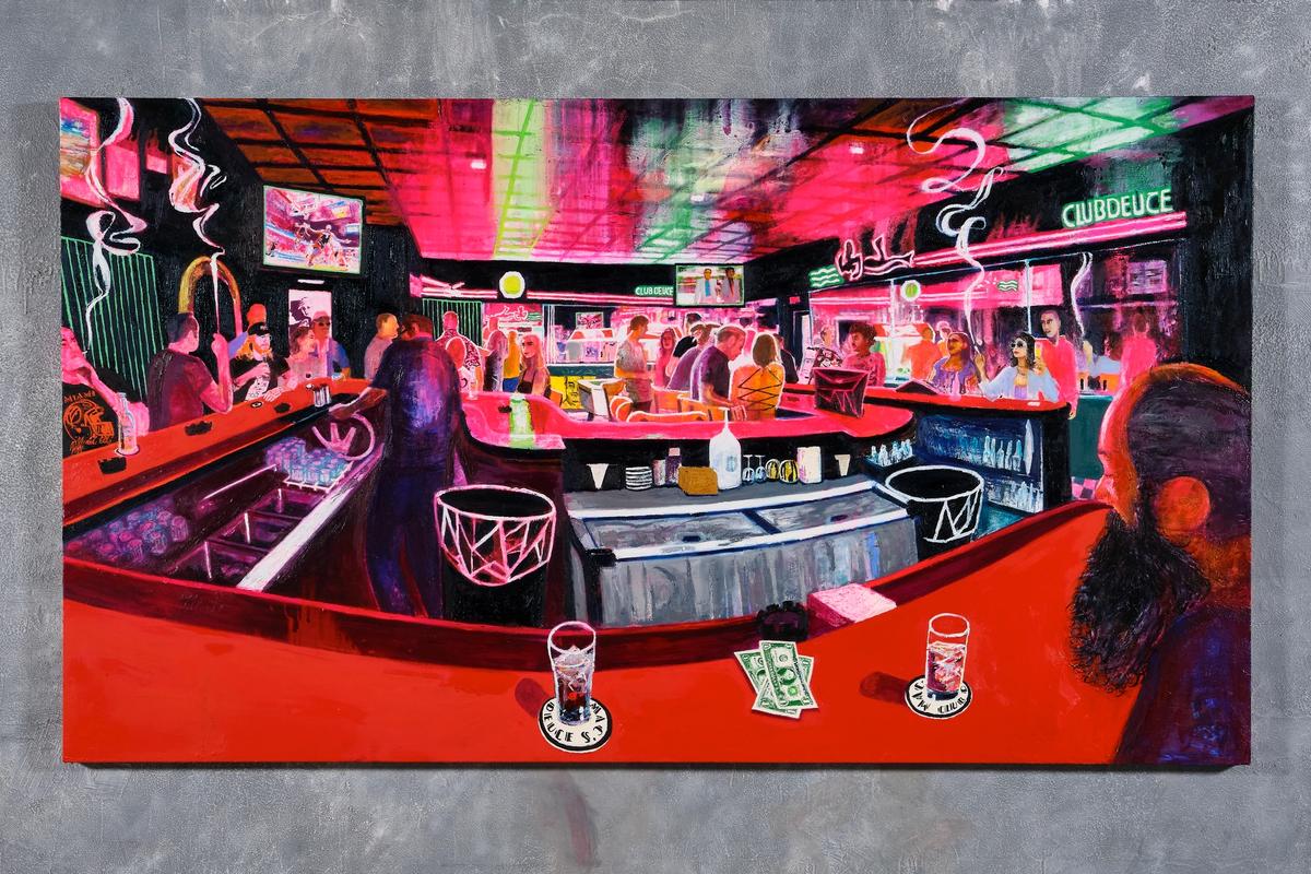 Close your tab: many Miami locals showed interest in this painting by the Los Angeles-based artist Raffi Kalenderian, depicting the 99-year-old Miami Beach bar Mac’s Club Deuce. However, the work sold ahead of VIP day to a New York-based collector
Photo: Courtesy of Gattopardo