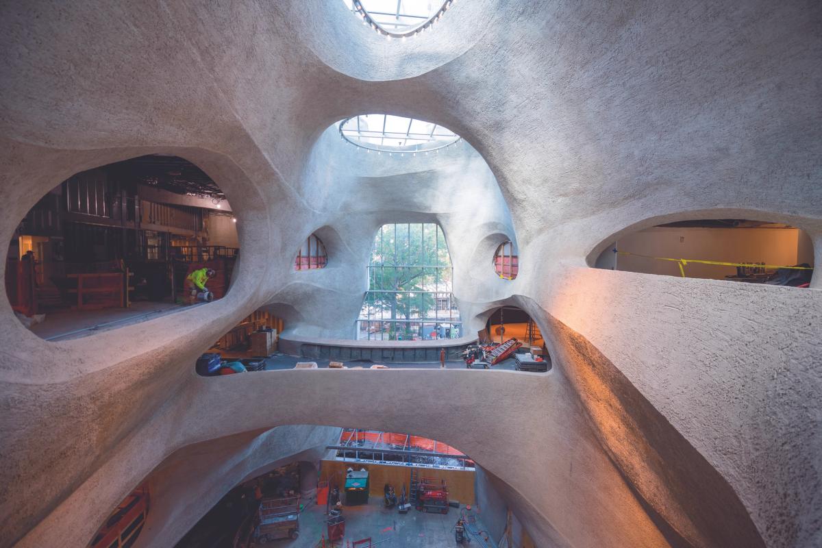 Construction of the four-storey high Exploration Atrium, which looks as if it has been hewn from rock. Photo: Timothy Schenck; © American Museum of Natural History