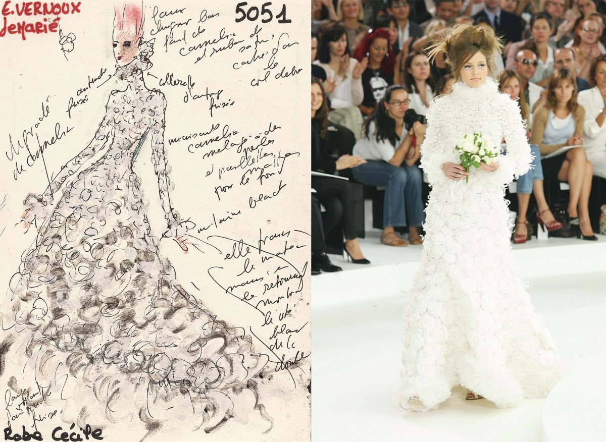 Wedded bliss: an annotated sketch (above left) by Karl Lagerfeld for a Chanel wedding dress for a 2005-06 collection and the finished garment made from silk-and-feather camellias (above right) Courtesy Patrimoine de Chanel, Paris; Giovanni Giannoni/WWD/Penske Media via Getty Images. Both courtesy of the Metropolitan Museum of Art