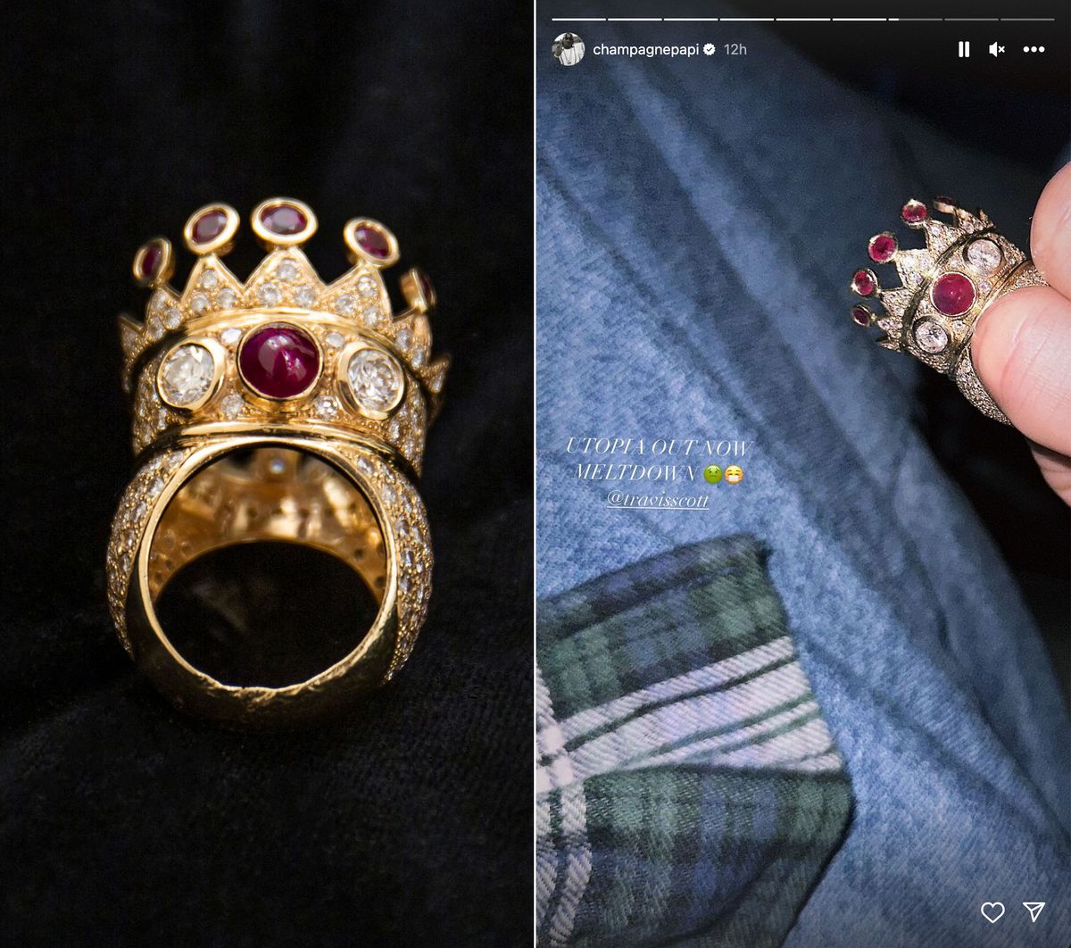 The Crown Ring (left) and Drake's Instagram story (right) announcing his purchase of the ring Sotheby's
