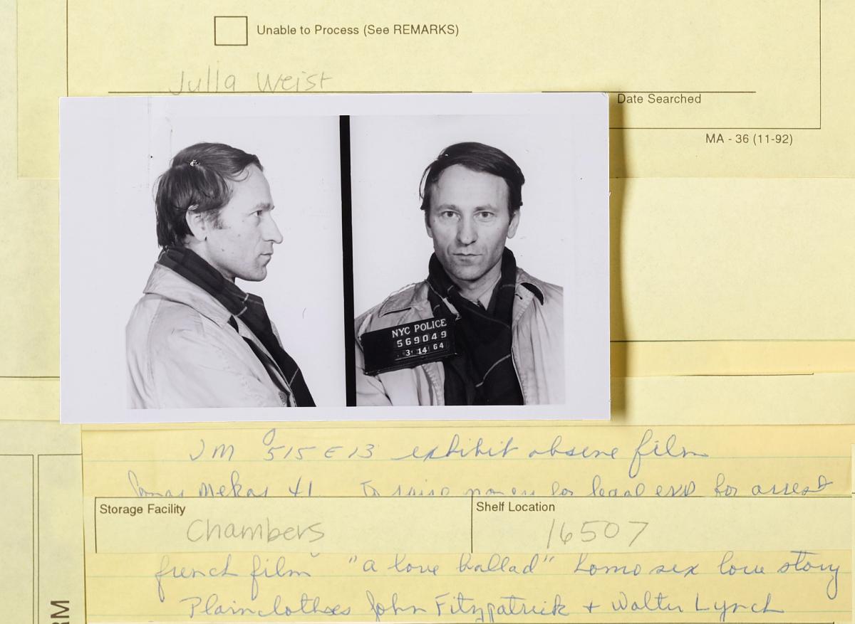 A mugshot of the artist Jonas Mekas from New York’s Department of Records and Information Services, part of Julia's Weist's Public Record project Photo: Julia Weist