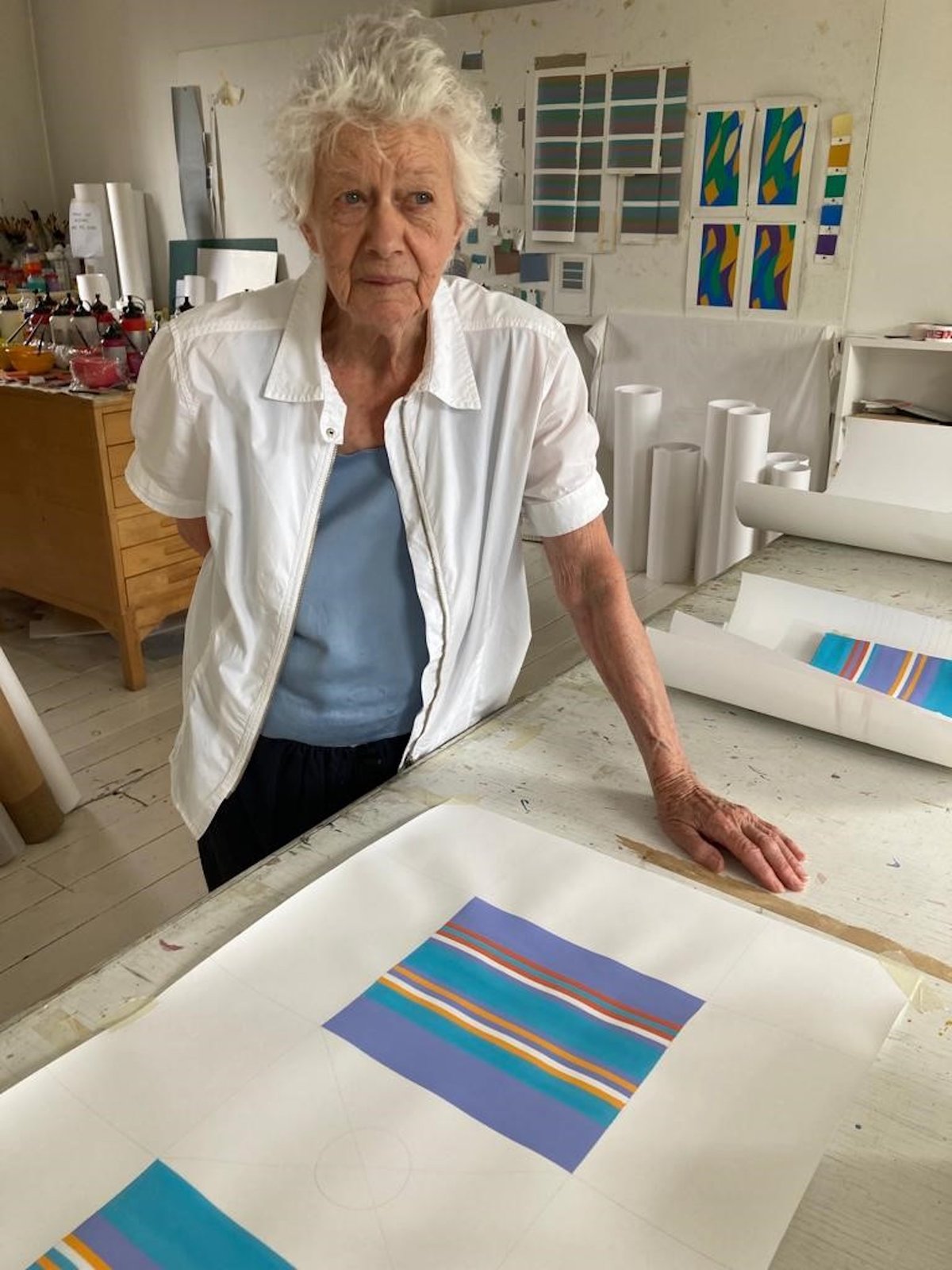 Bridget Riley with preparatory imagery for her British School at Rome ceiling murals Photo by Mark Getty
