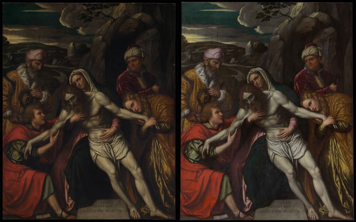 Then and now: Moretto da Brescia's Entombment (1554) before its recent restoration (left) and after the treatment Courtesy of the Metropolitan Museum of Art