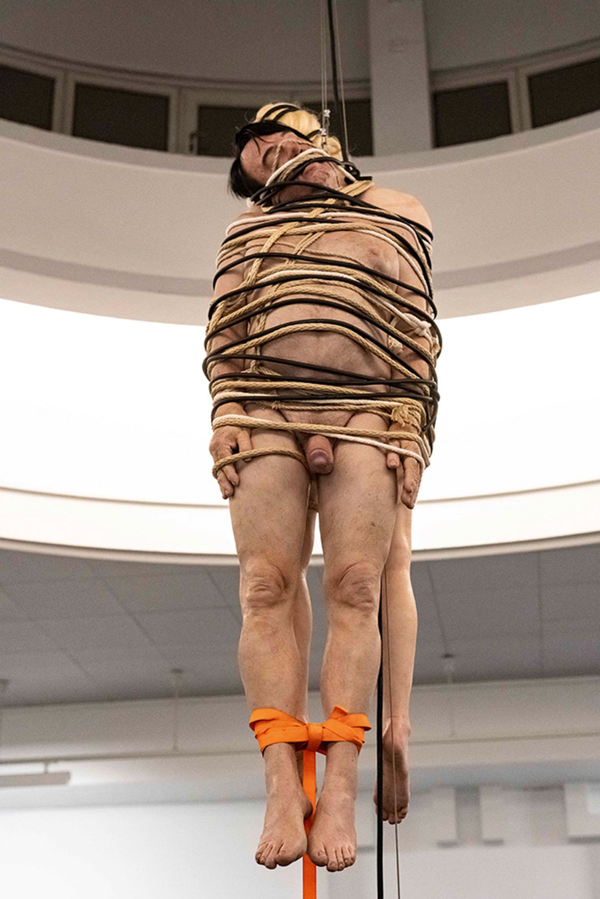 A disturbingly realistic cast of Paul McCarthy’s body with Hitler’s face is part of the artist’s latest show, in Bergen Photo: Thor Brodreskift