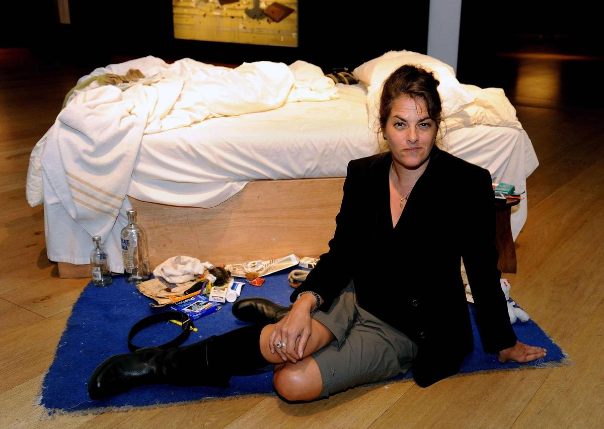 Tracey Emin with her My Bed at Christie's, London Credit: PA Images/Alamy Stock Photo