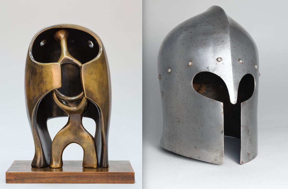 Henry Moore’s The Helmet (1939-40) and a 15th-century sallet from Milan © The Henry Moore Foundation: gift of Irina Moore 1977; © The Wallace Collection