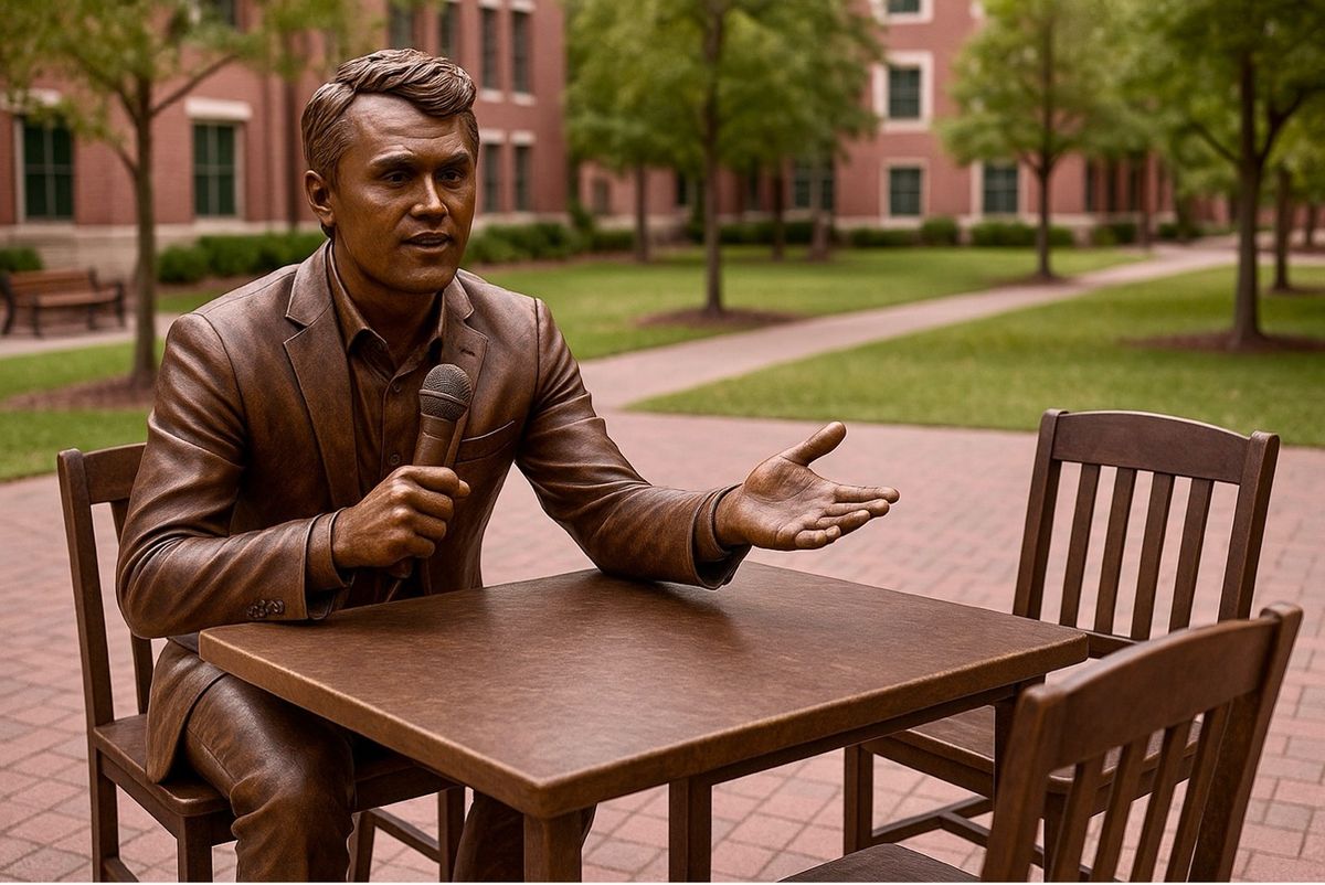 A rendering, created with artificial intelligence, of what the Charlie Kirk statue at New College of Florida could look like Courtesy New College of Florida