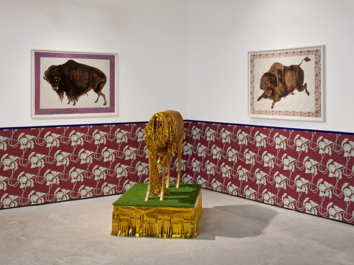 Wendy Red Star’s installation In the Shadow of the Paper Mountains (2024) employs a greetings card aesthetic to re-create the landscape of Montana’s Apsáalooke (Crow) Reservation
Courtesy Gathering, London