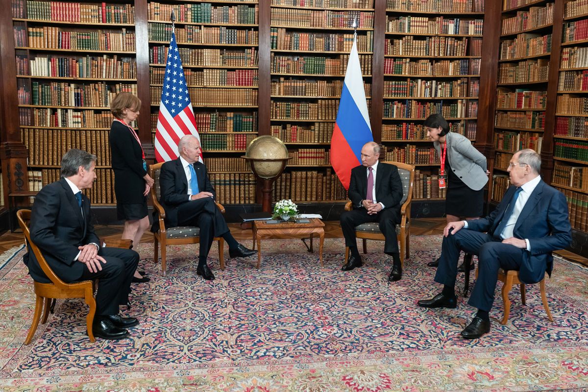President Joe Biden and the Russian President Vladimir Putin participate in a tete-a-tete during a US-Russia Summit in June 2021 at the Villa La Grange in Geneva Official White House Photo by Adam Schultz