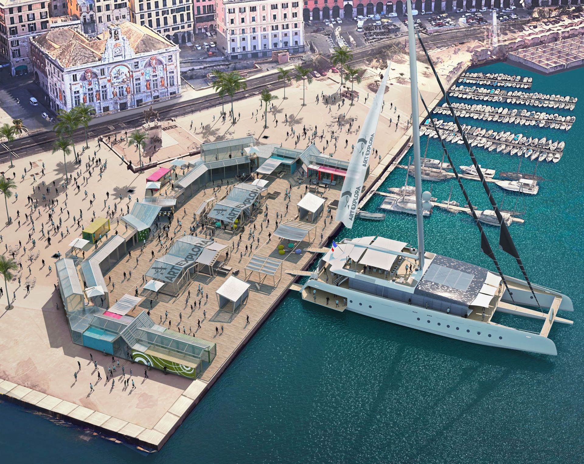 One of the world's largest catamarans will set sail as a mobile digital museum in autumn 2023, backed by the French entrepreneur and arts patron Frédéric Jousset Rendering: courtesy of Art Explora