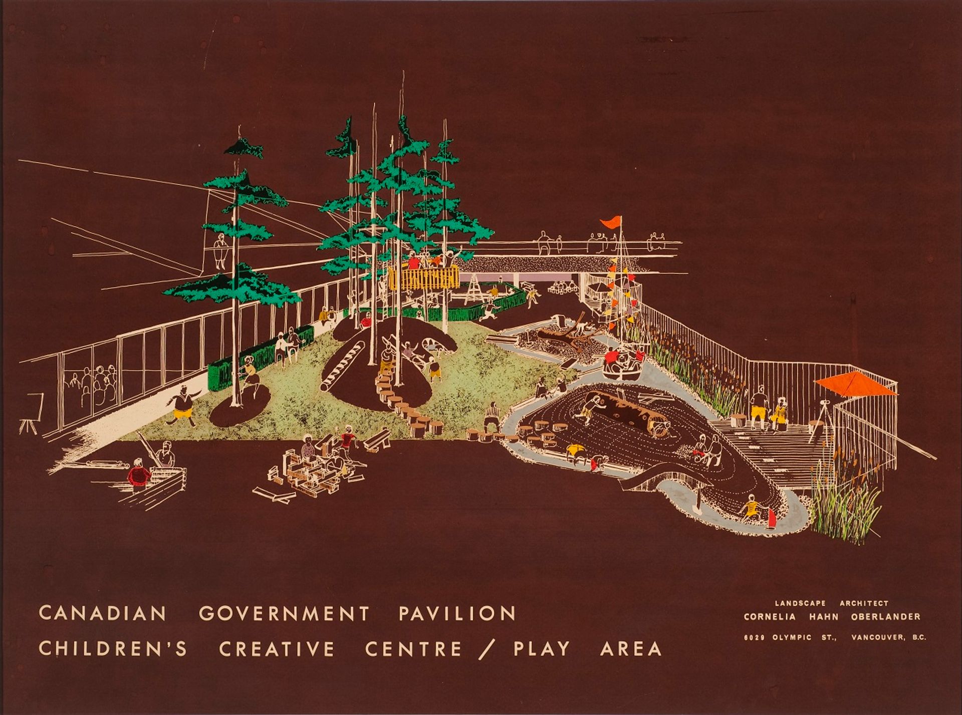Cornelia Hahn Oberlander, Perspective view for Children's Creative Centre Playground, Canadian Federal Pavilion, Expo '67, Montréal, Québec (1967), dry transfer on negative photostat printed on cardboard Cornelia Hahn Oberlander fonds, Canadian Centre for Architecture. Gift of Cornelia Hahn Oberlander, © Cornelia Hahn Oberlander