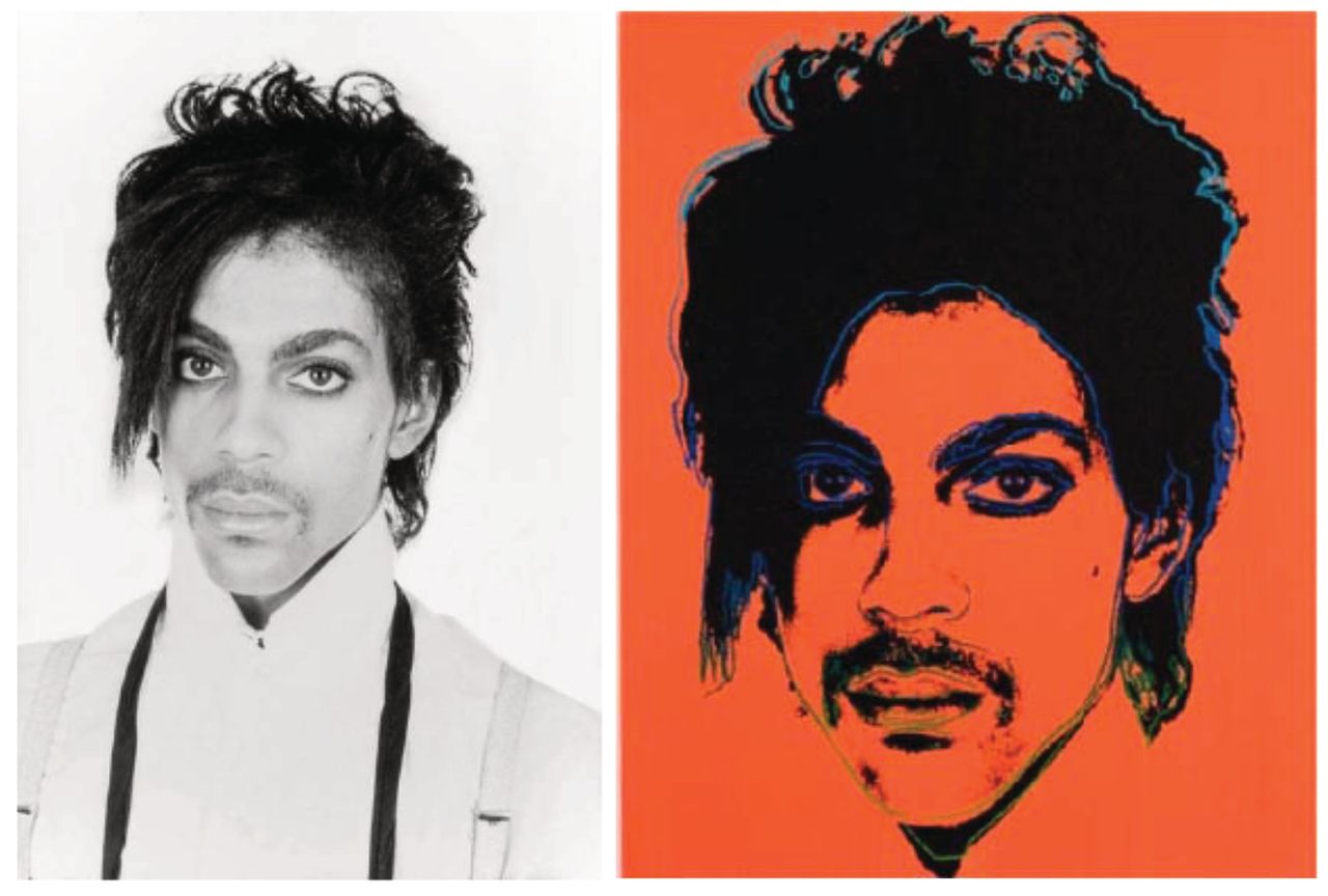 Left: Lynn Goldsmith original photograph of Prince; Right: Andy Warhol's Prince.  Photo source: court documents