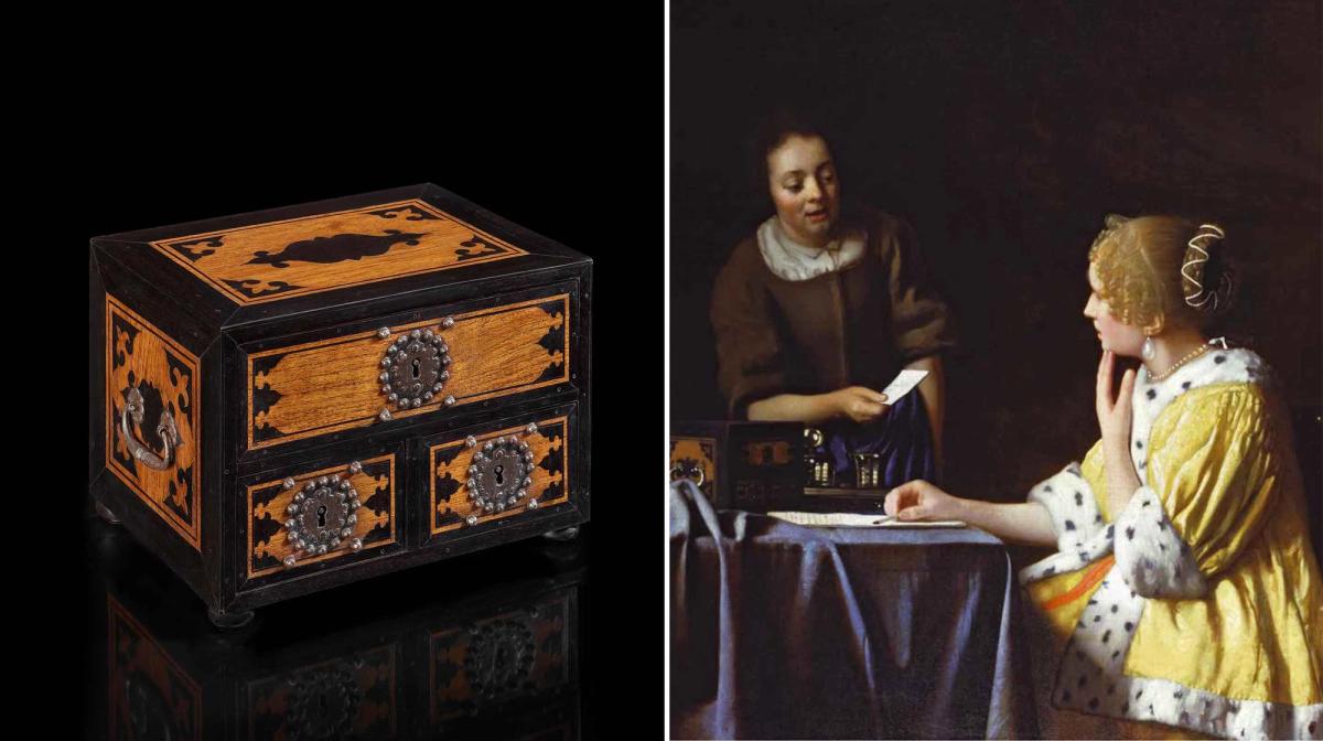 Left: Van Dongen tracked down what may be the sole surviving example of the jewellery casket in the Távora Sequeira Pinto collection in Porto. Right: a similar jewellery box appears on the table in Vermeer’s Mistress and Maid (1664-67)

Jewellery casket: Museu das Convergênces, Távora Sequeira Pinto Collection. Mistress and Maid: Frick Collection, New York