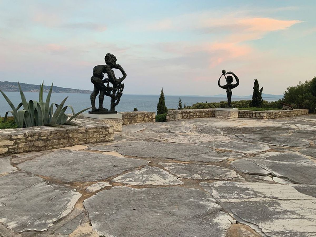 Odysseus and Nausicaa, bronzes scaled up from maquettes created by Niko Ghika, on a promontory looking out from Corfu to Albania Photograph: Jacob Rothschild