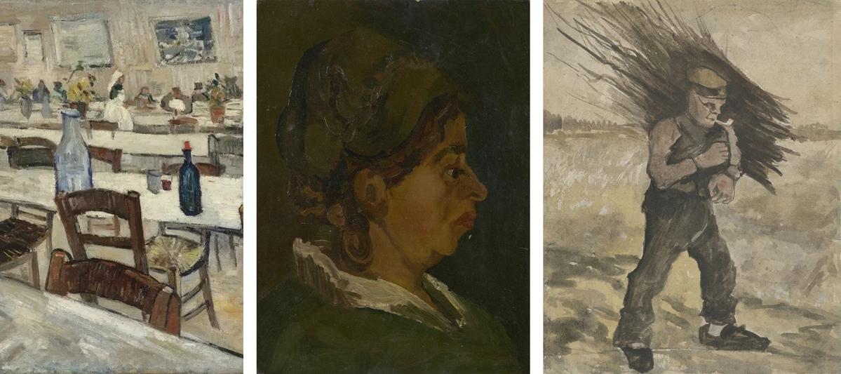 Left: FAKE: Interior of a Restaurant (detail) (mid 20th century), private collection

Centre: FAKE: Head of a Woman (1902-09), private collection, France

Right: FAKE: Wood Gatherer (1904-12), private collection

Photographs: Van Gogh Museum, Amsterdam