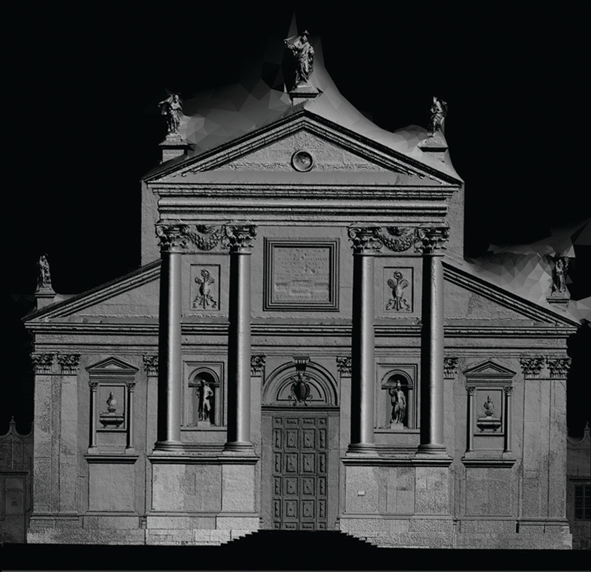 The façade of Palladio’s church on the island of San Giorgio in a shaded render of a depth-map orthophoto of its composite photogrammetry produced by Factum Arte © Fondazione Giorgio Cini