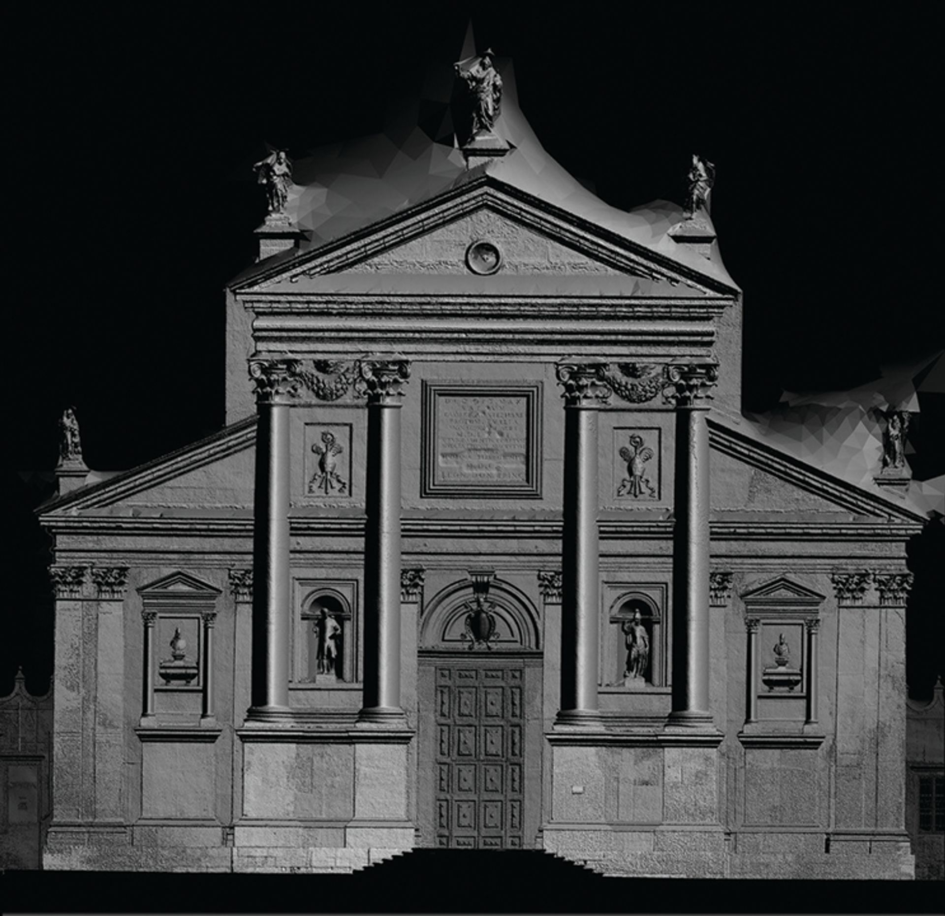 The façade of Palladio’s church on the island of San Giorgio in a shaded render of a depth-map orthophoto of its composite photogrammetry produced by Factum Arte © Fondazione Giorgio Cini
