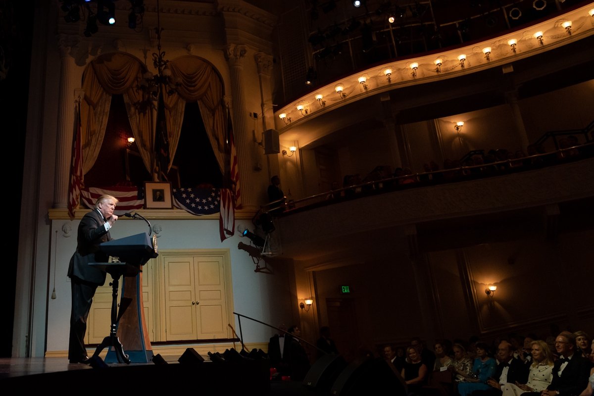 US President Donald Trump speaks at Ford's Theater in Washington, DC, during his first administration Official White House Photo by Andrea Hanks, via Flickr