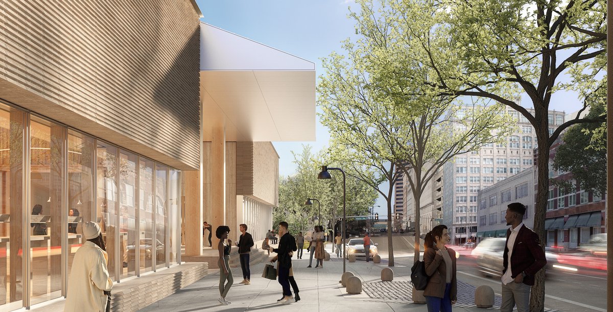 Rendering of the Memphis Art Museum, as seen from the Front Street sidewalk Courtesy of Herzog & de Meuron