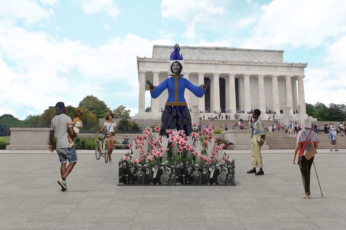 Rendering of vanessa german's Of Thee We Sing (2023) in Lincoln Memorial Plaza Courtesy the artist and Monument Lab