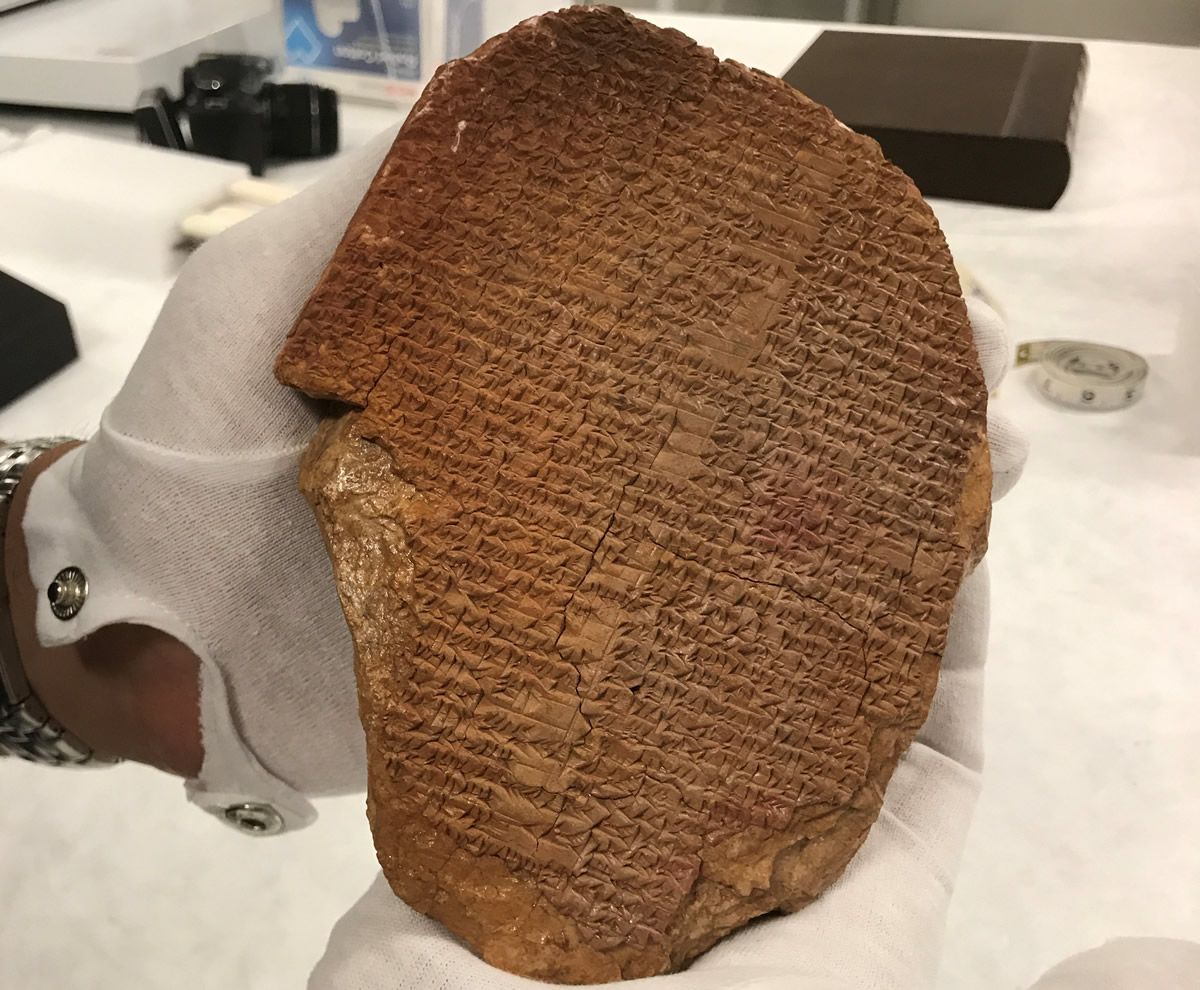 ICE’s Homeland Security Investigations (HSI) New York, seized a rare cuneiform tablet bearing a portion of the epic of Gilgamesh, a Sumerian epic poem considered one the world’s oldest works of literature, from the Museum of the Bible last year Photo: ICE-HSI