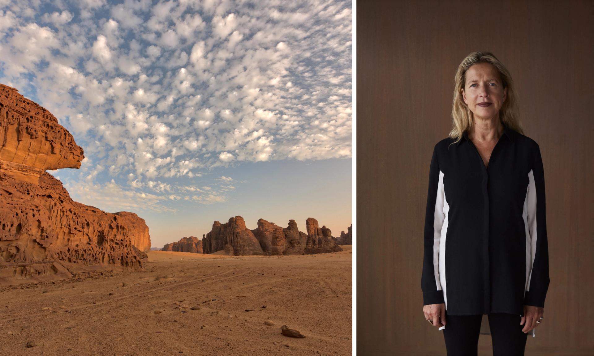 Iwona Blazwick (right) has been appointed the Chair of the Royal Commission for AlUla’s Public Art Expert Panel, and will oversee five new permanent works planned for the Wadi AlFann area (left) AlUla: Courtesy of the Royal Commission for AlUla; Blazwick: photo: Christa Holka
