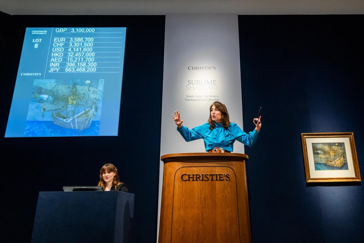Camille de Foresta selling Ganesh Pyne's Fisherman at Christie's London 

Courtesy of Christie's