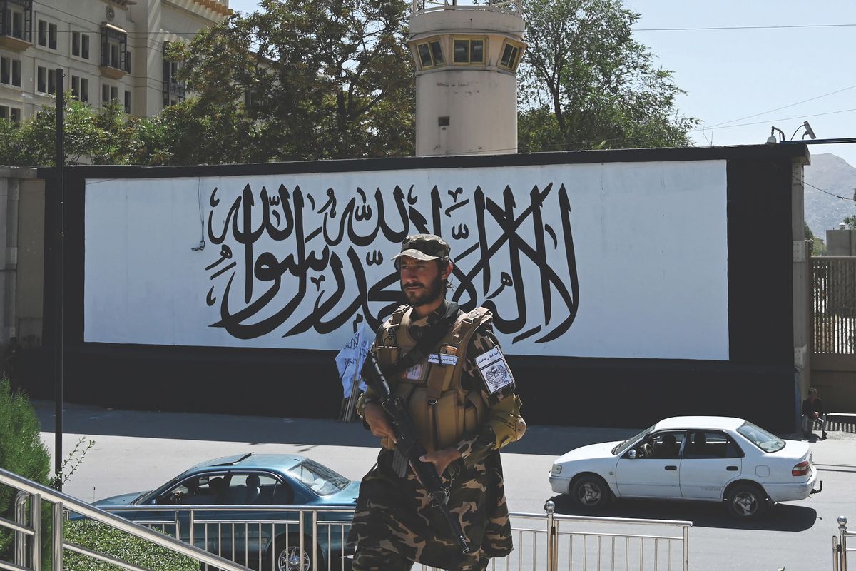 The dozen buildings that form the US embassy complex in Kabul was completed in 2013 at a cost of more than $800m. As pictured last month, it now has a Taliban flag covering the entrance. Aamir Qureshi/AFP via Getty Images