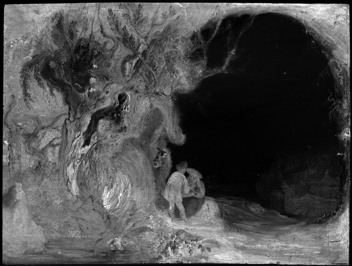 This calcium map (Macro X-Ray Fluorescence) of Landscape with the Rest on the Flight to Egypt (around 1645-50) by a Rembrandt pupil or follower is part of the Rembrandt House Museum's exhibition Rembrandt Laboratory Courtesy of Rijksdienst voor het Cultureel Erfgoed and the Rembrandt House Museum