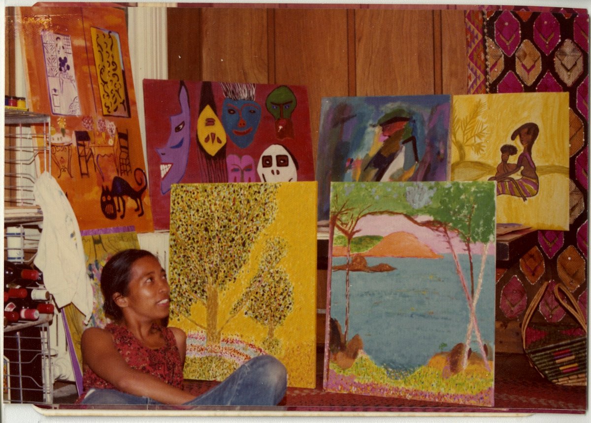 Pacita Abad in Washington, DC, around 1976 with several of her paintings
Courtesy the Pacita Abad archives, Department of Special Collections and University Archives, Stanford University Libraries