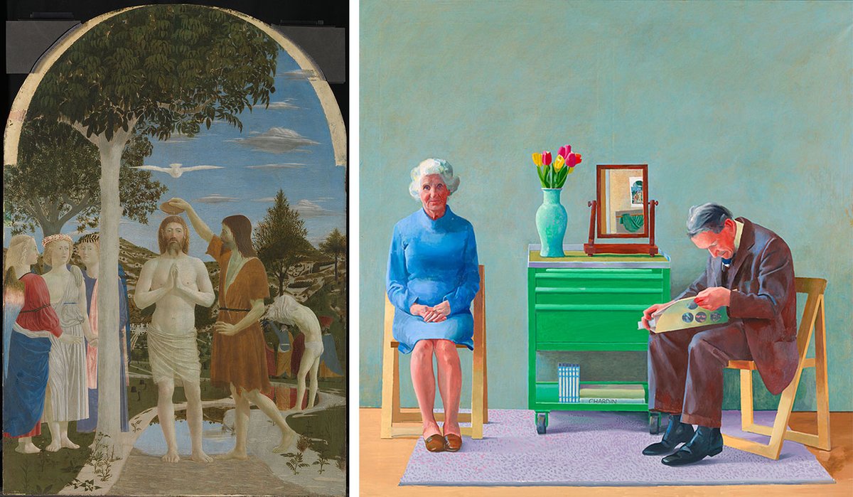 A longer look: Piero della Francesca, The Baptism of Christ (around 1437-45), left, and David Hockney, My Parents (1977)  Piero: © The National Gallery, London. Hockney: © David Hockney, photo: Tate, London