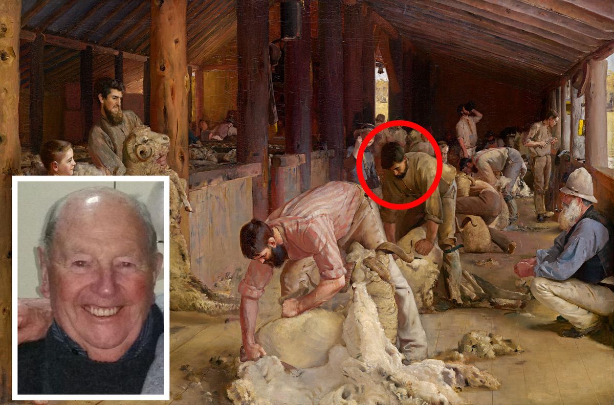 Keith Wise (bottom left) got to see the famous painting that depicted his grandfather (circled red) for the first time while it was on loan from the National Gallery of Victoria 