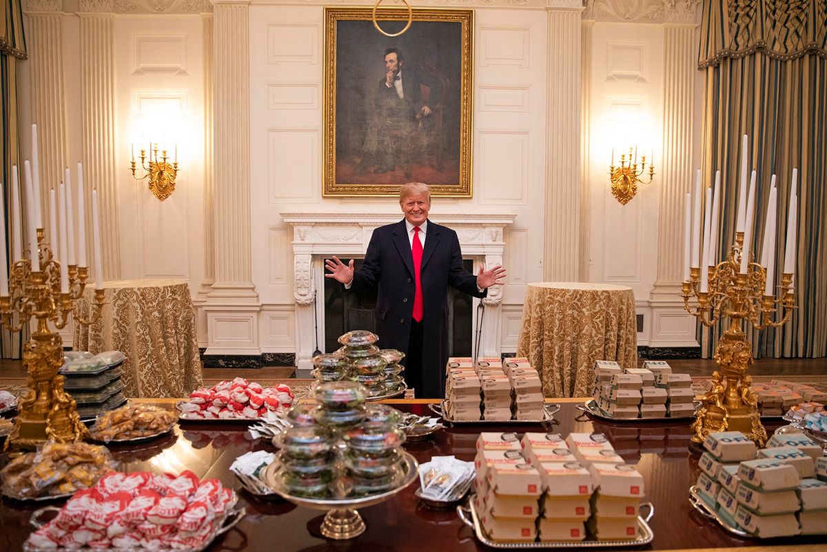 In 2019, then-president Donald Trump hosted a meal at the White House for members of the Clemson Tigers American-football team featuring items from the fast-food chains Domino’s, McDonald’s, Wendy’s and Burger King Official White House Photo by Joyce N. Boghosian, via Flickr