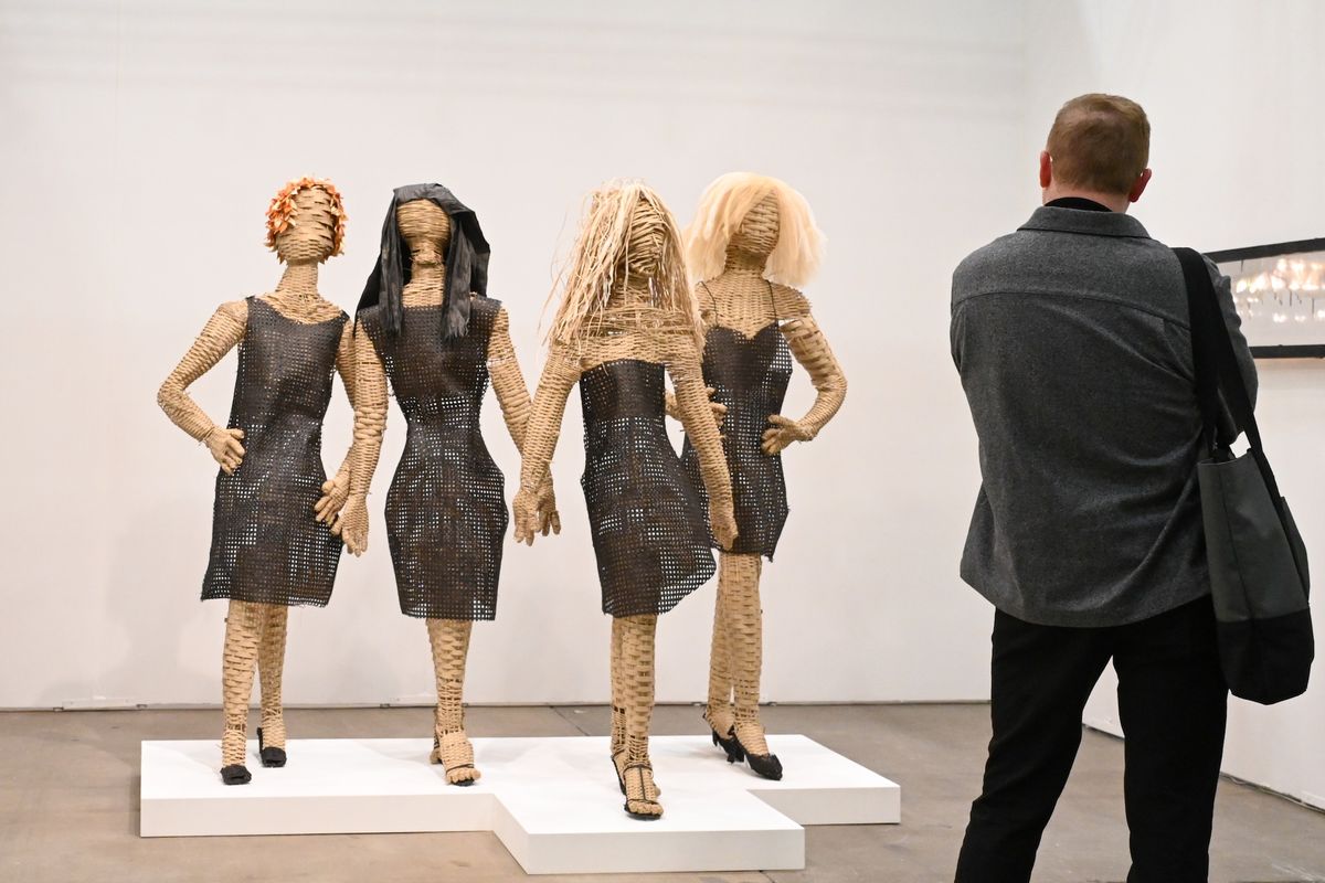 Dylan Spaysky's sculpture Girls (2026) anchors the joint stand of Good Weather gallery from Chicago and What Pipeline gallery from Detroit at Expo Chicago Photo by Casey Kelbaugh/CKA. Courtesy of Expo Chicago