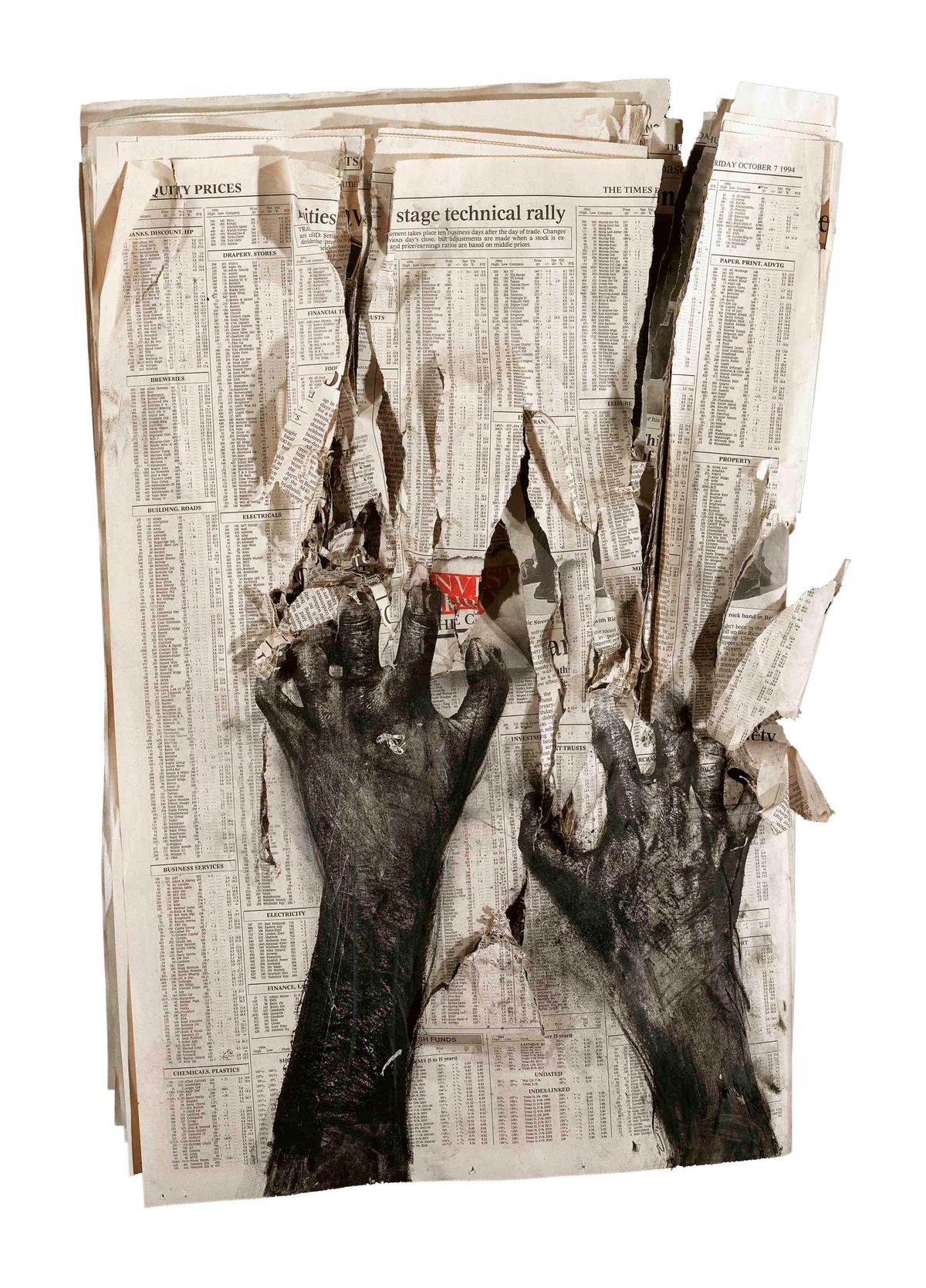 An enlarged stock prices page from The Times, 7 October 1994, overprinted with a hand tearing at the prices @ Peter Kennard