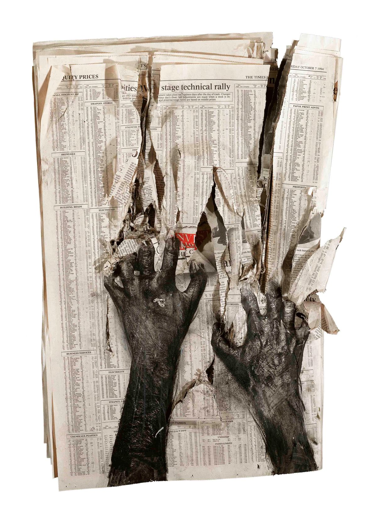 An enlarged stock prices page from The Times, 7 October 1994, overprinted with a hand tearing at the prices @ Peter Kennard