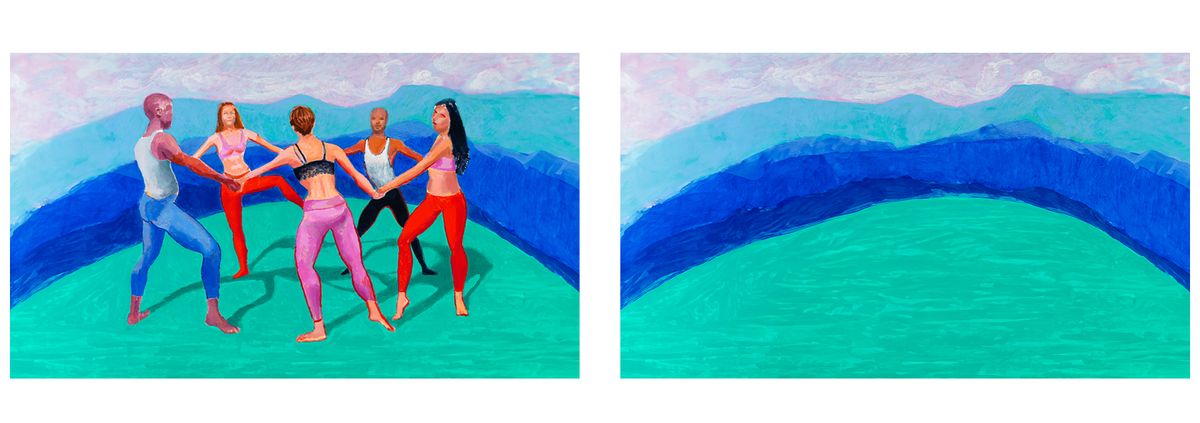 (Left) The Dancers V (2014) by David Hockney (Right) The Dancers removed by AI 
© David Hockney and CIRCA.