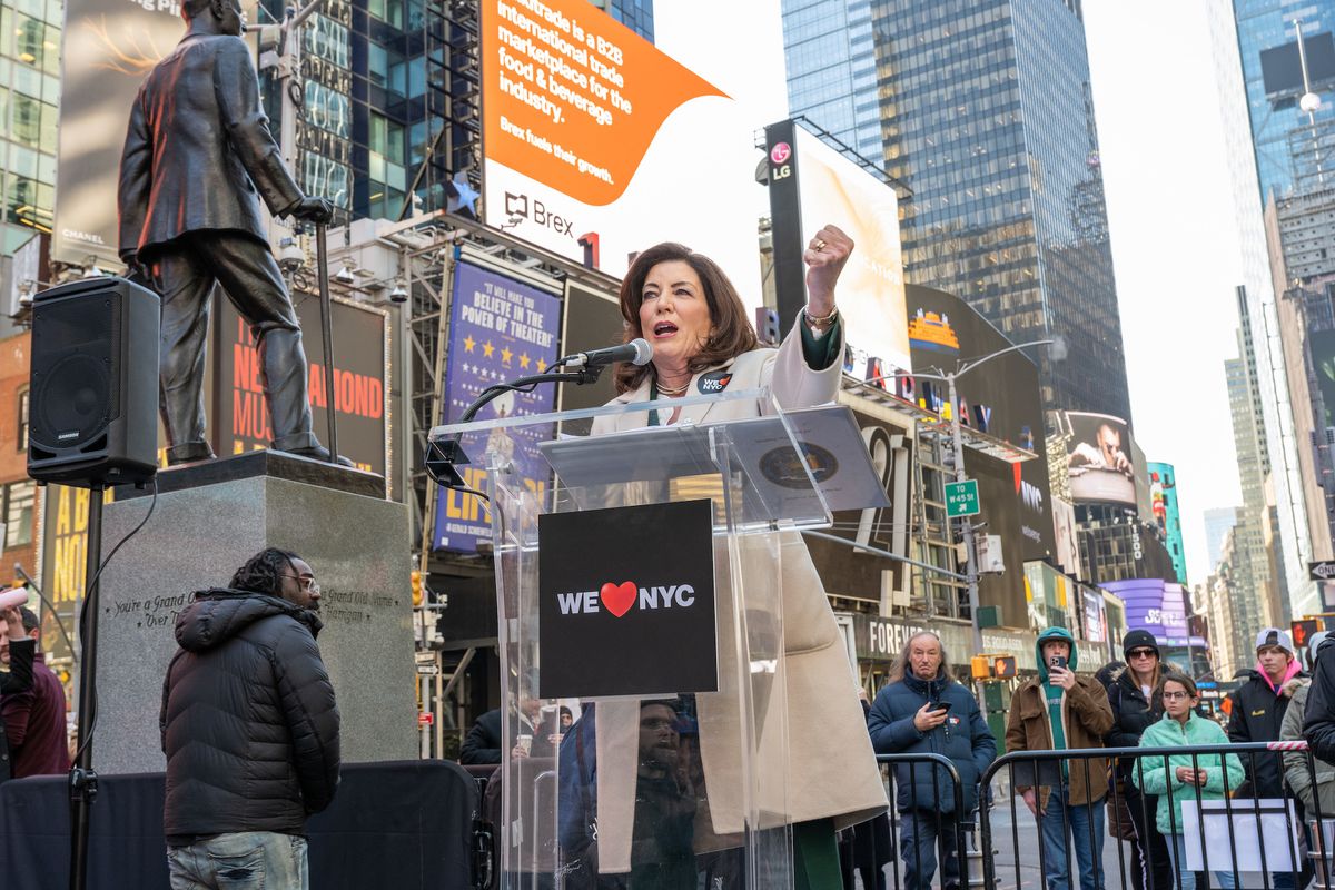 New York governor Kathy Hochul speaks in Times Square on 19 March Photo by Darren McGee/Office of Governor Kathy Hochul, via Flickr
