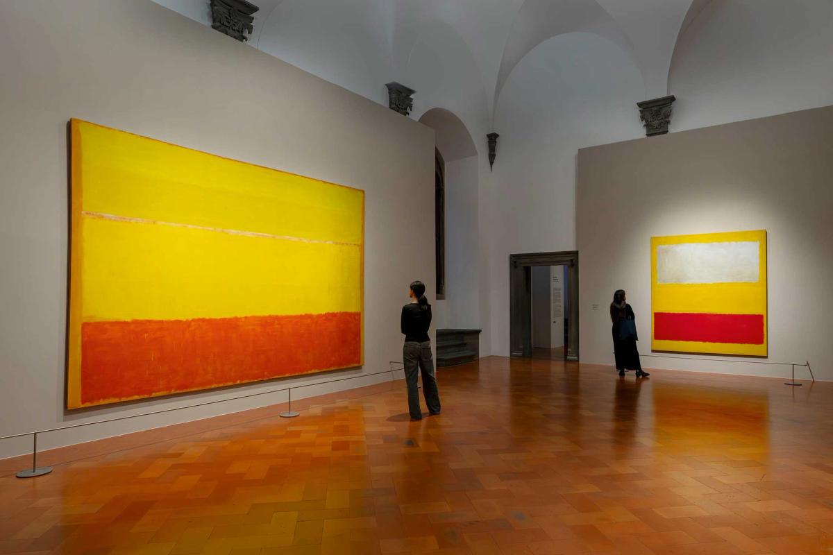 An exhibition view of Rothko in Florence at the Palazzo Strozzi, with Untitled (1952-53) seen on the left and No. 13 (White, Red on Yellow) (1958) on the right Photo: Ela Bialkowska, OKNO Studio