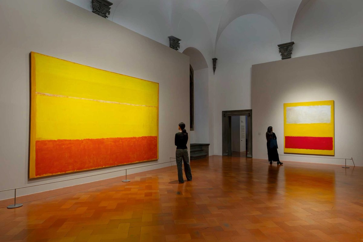 An exhibition view of Rothko in Florence at the Palazzo Strozzi, with Untitled (1952-53) seen on the left and No. 13 (White, Red on Yellow) (1958) on the right Photo: Ela Bialkowska, OKNO Studio