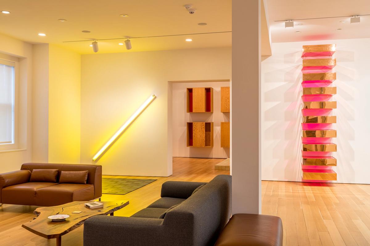 Sculptures by Dan Flavin and Donald Judd in the McNeil family home. Photo by Max Touhey