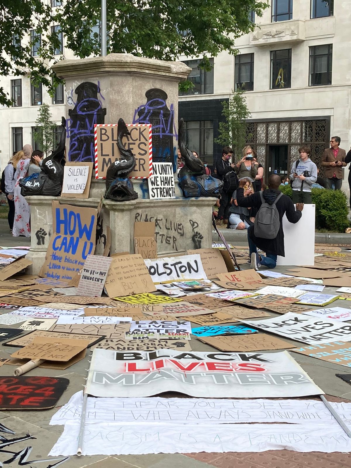 The empty pedestal of the statue of Edward Colton in Bristol, the day after protesters felled the statue and rolled it into the harbour Photo: Caitlin Hobbs