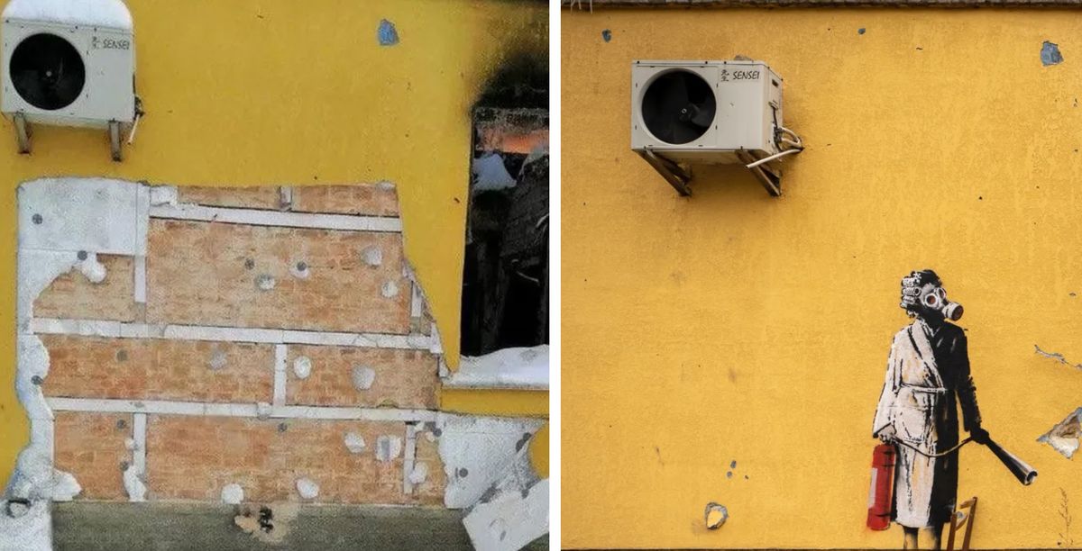 A mural by Banksy in the Ukrainian city of Hostomel was targeted by thieves. Photo: Reuters/courtesy of the artist