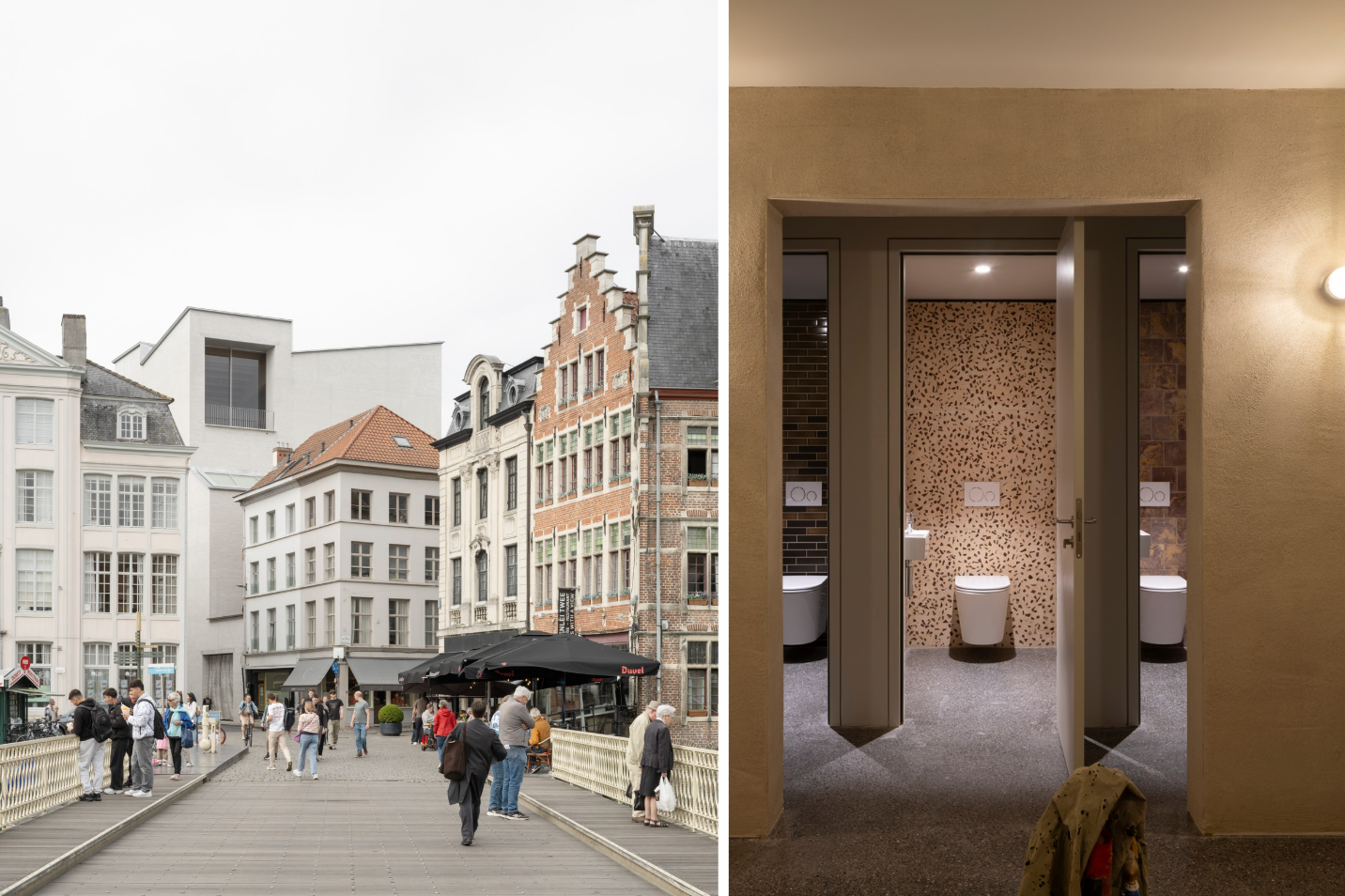 Left: Design Museum Gent with the new wing visible in the background; right: the museum's new toilets in different bio-based materials Building photo: ©Johan Dehlin; toilet photo © Michiel De Cleene for Design Museum Gent