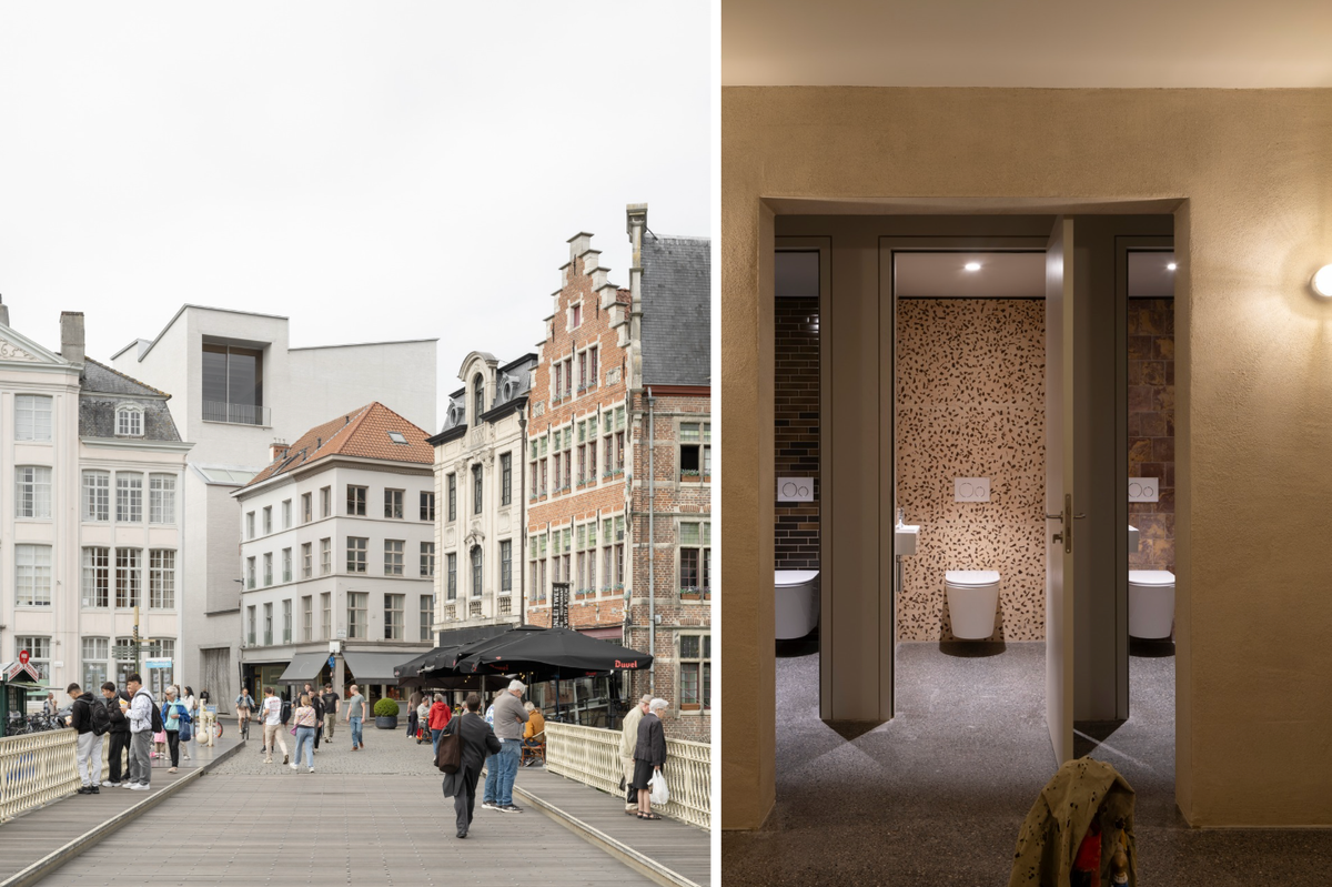 Left: Design Museum Gent with the new wing visible in the background; right: the museum's new toilets in different bio-based materials Building photo: ©Johan Dehlin; toilet photo © Michiel De Cleene for Design Museum Gent