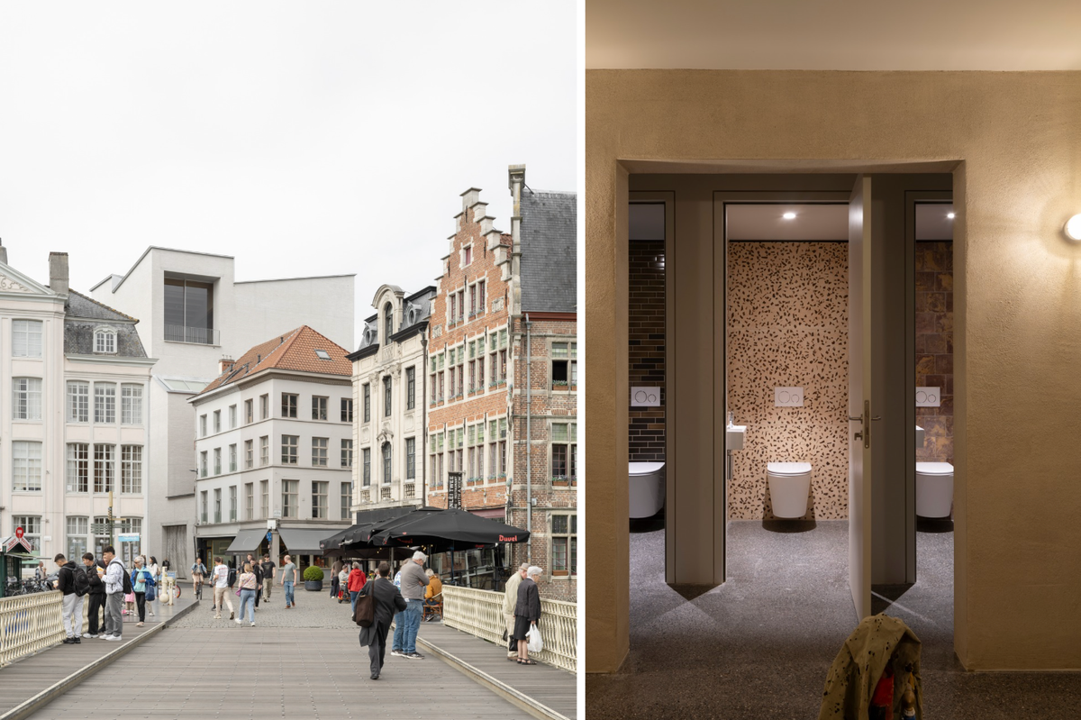 Left: Design Museum Gent with the new wing visible in the background; right: the museum's new toilets in different bio-based materials Building photo: ©Johan Dehlin; toilet photo © Michiel De Cleene for Design Museum Gent