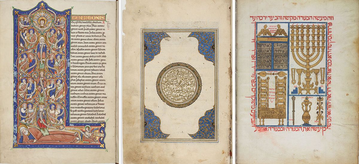 Letters of Light at Louvre Abu Dhabi features historic manuscripts from Christianity, Islam and Judaism. From left, three loans from the Bibliothèque nationale de France: an illuminated parchment page from a 12th-century Capuchin Bible (in Latin); a 1430s Syrian manuscript on paper of Qaṣīdat al-Borda (Poem of the Cloak) by the 13th-century Egyptian mystic Imam al-Busiri of Egypt; the Tables of the Law on parchment from the Old Testament in a 1299 Hebrew Bible Bibliothèque nationale de France
