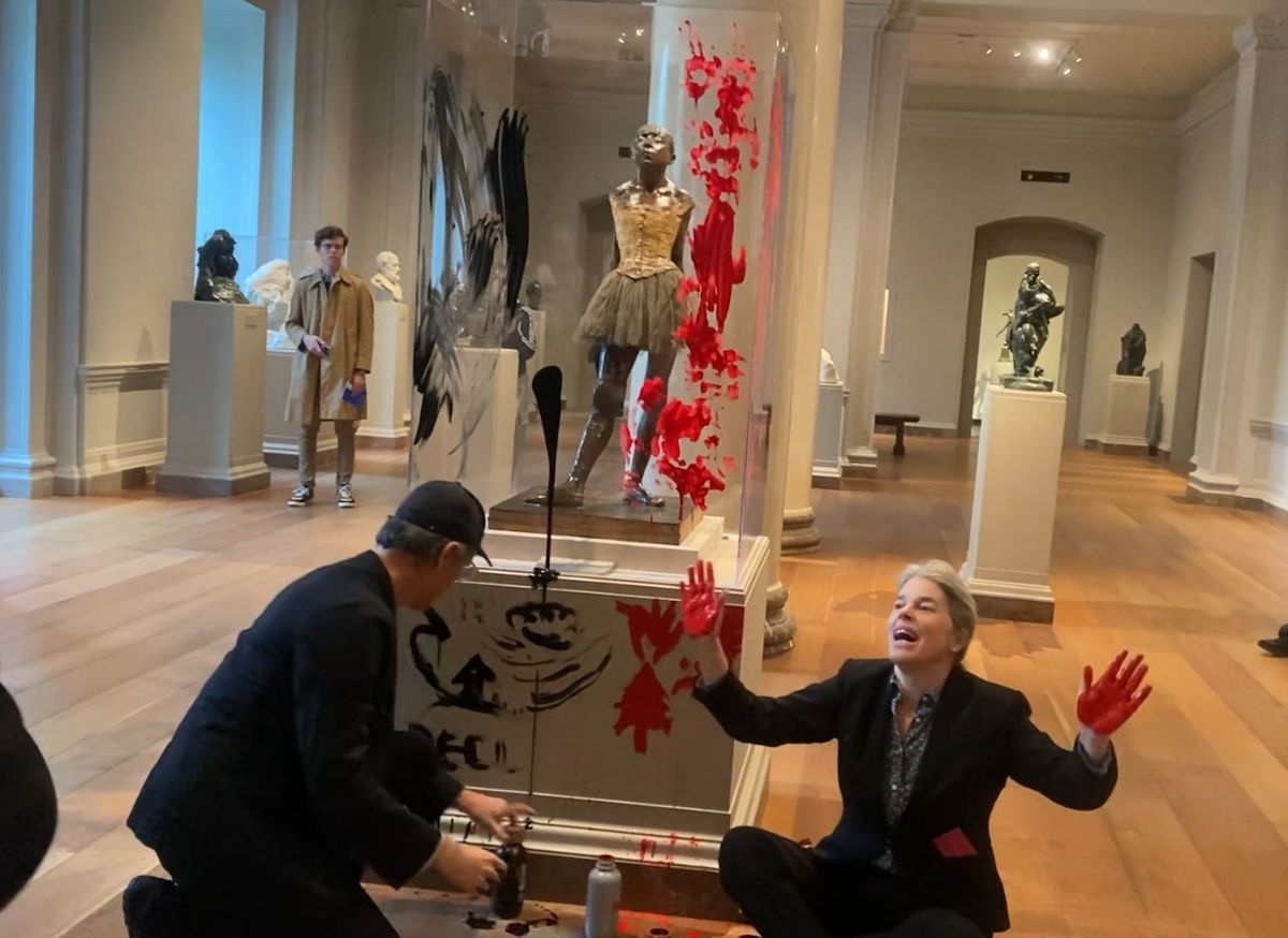 Timothy Martin (left) and Joanna Smith (right) in front of La petite danseuse de quatorze ans (1880) by Edgar Degas during a climate protest at the National Gallery of Art in Washington, DC, on 27 April 2023  US Department of Justice